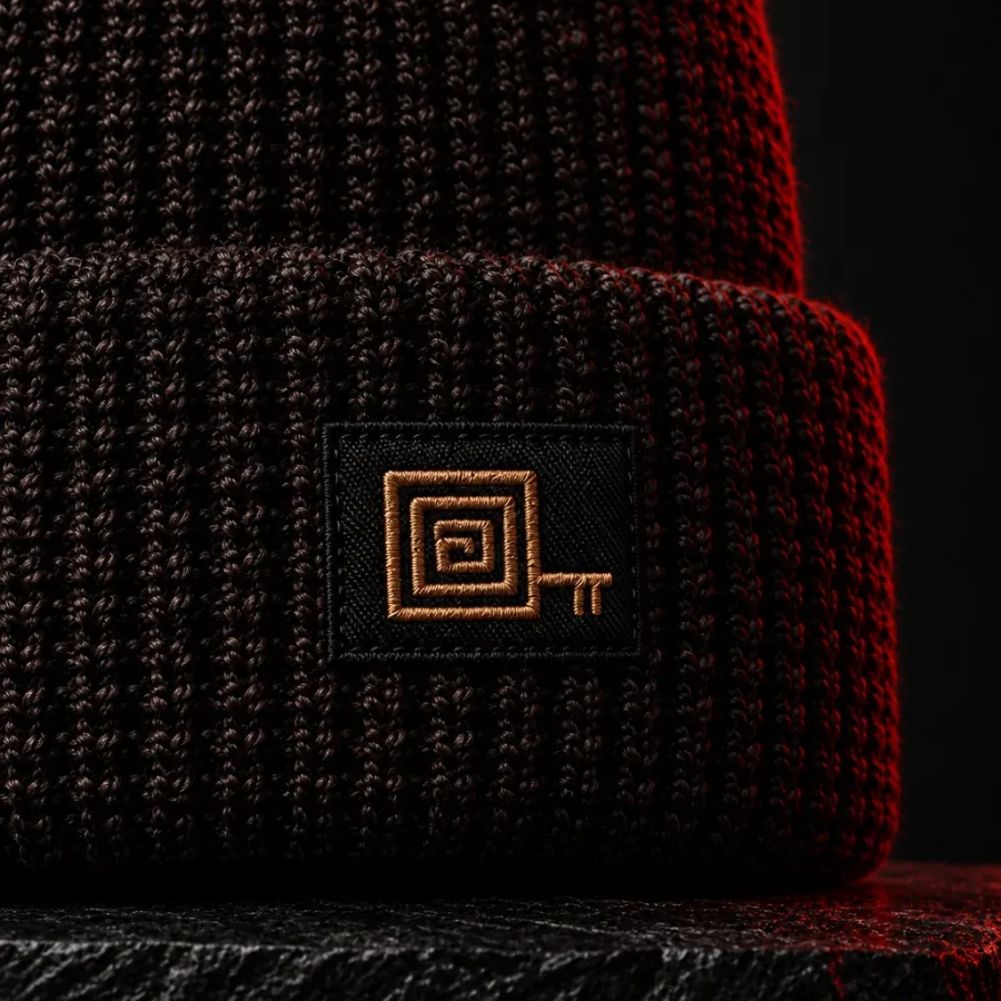 Crucible Beanie, close-up af glyffen og stoffet