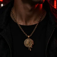 Crucible Coin Chain um den Hals getragen