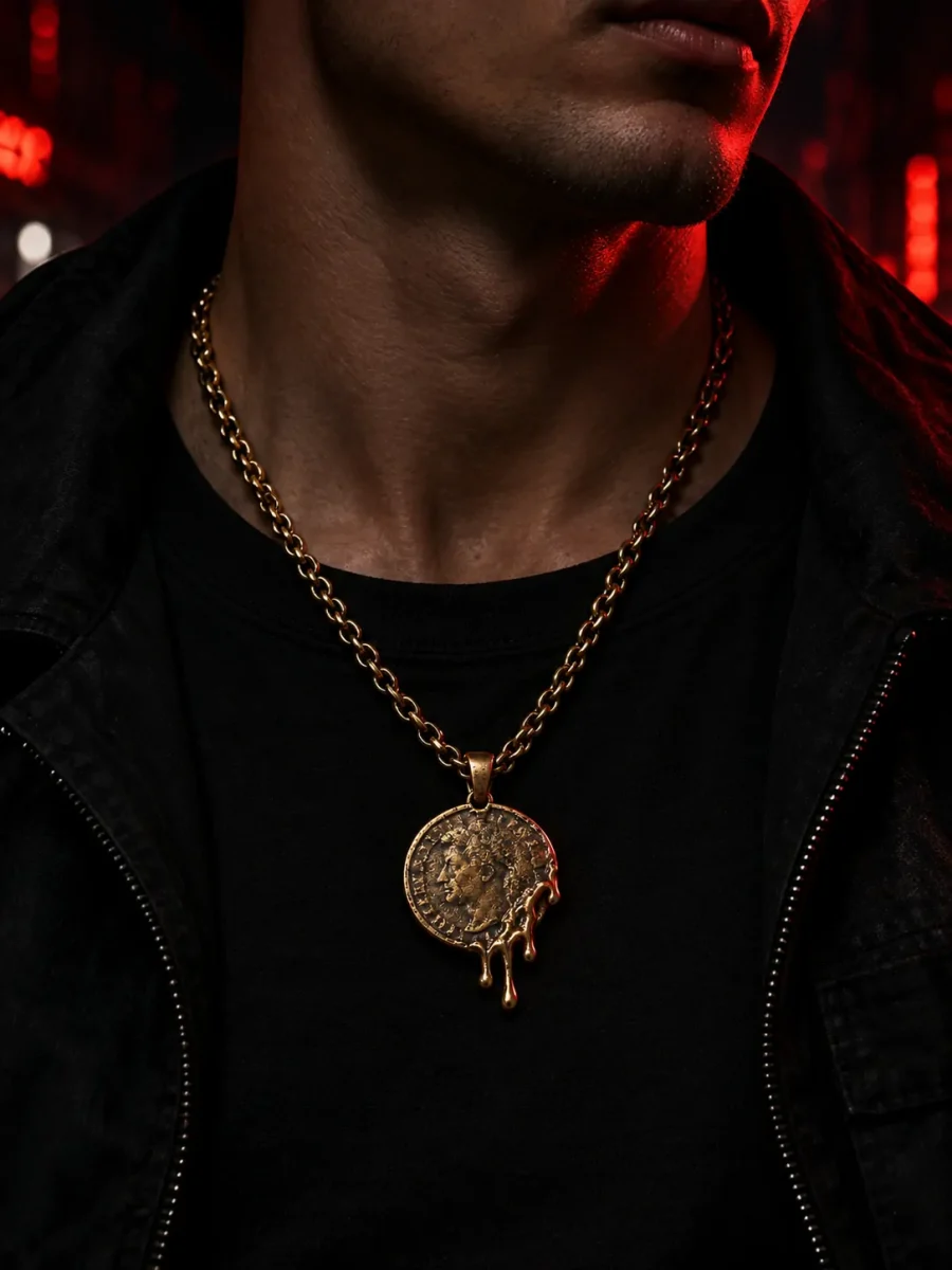 Crucible Coin Chain gedragen om de nek
