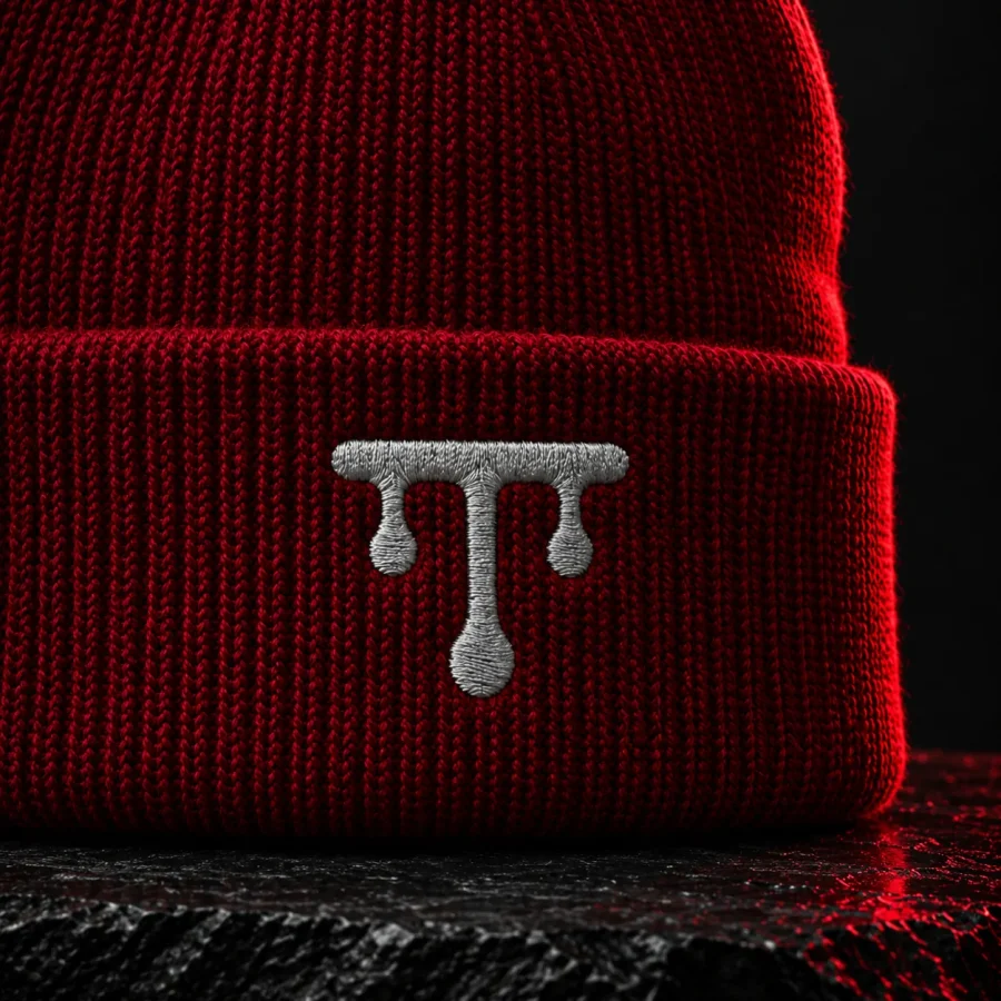 Drip Beanie, close-up of the glyph and fabric
