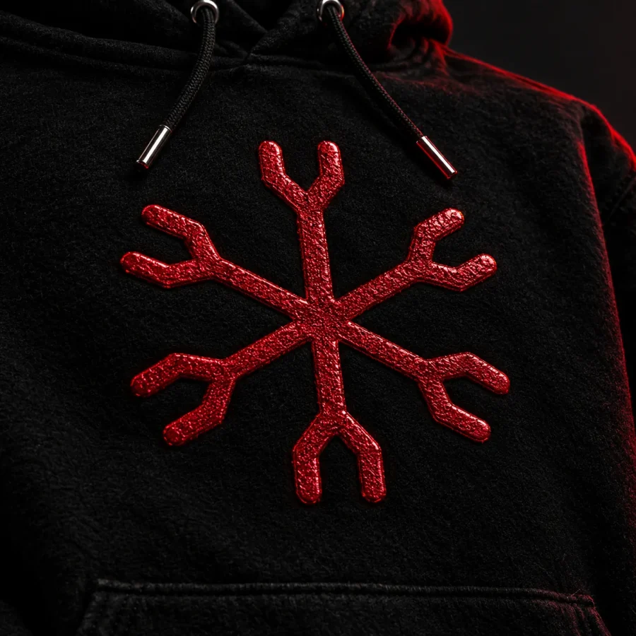 Fork Star Hoodie, close-up af glyffen og stoffet