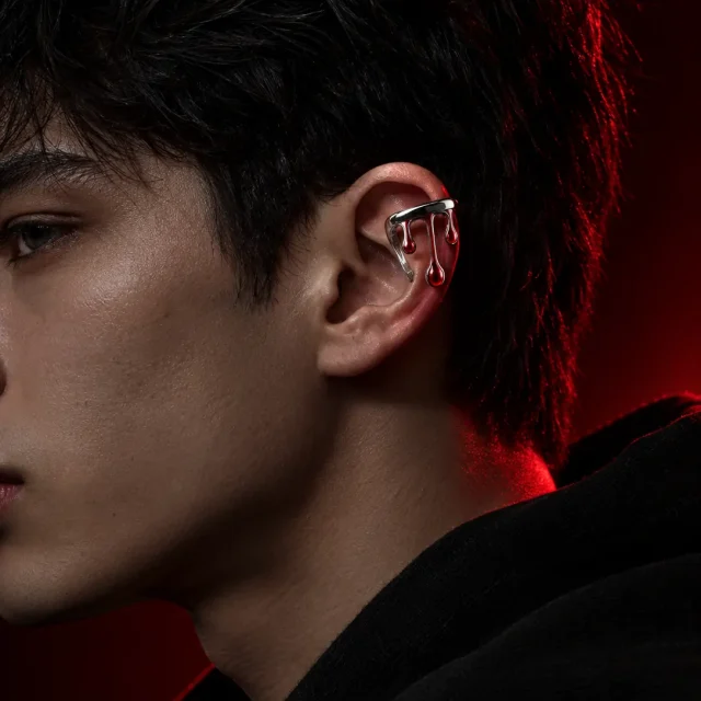 Red Bead Cuff worn on the ear rim