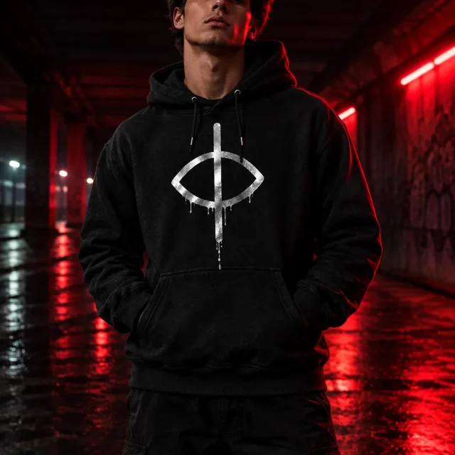 Split Eye Hoodie being worn