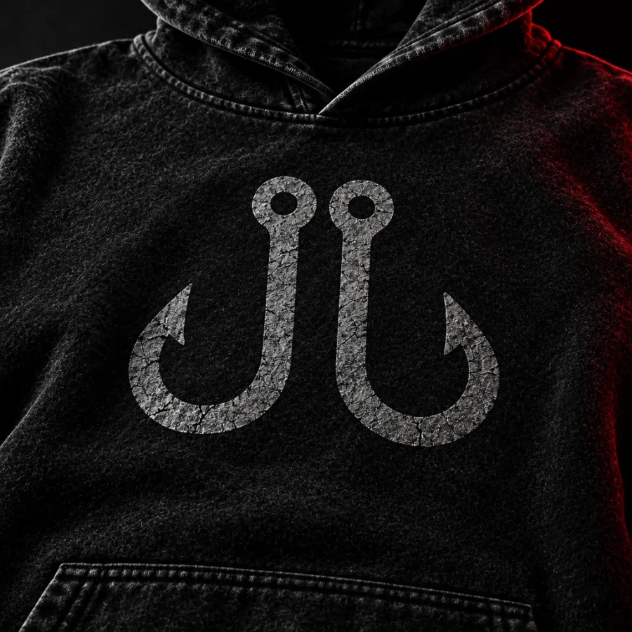 Twin Hook Hoodie, close-up van de glyph en stof
